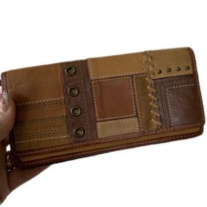 Fossil Mix Media Stud Embellished Leather Suede Patchwork Dual Bi-Fold Wallet